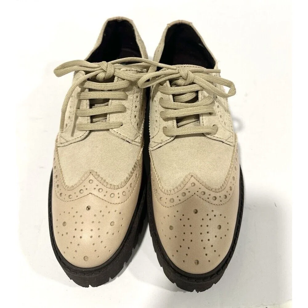 Maeve Anthropologie Womens Oxford Platform Shoes 7 Beige Suede Leather Lug Sole